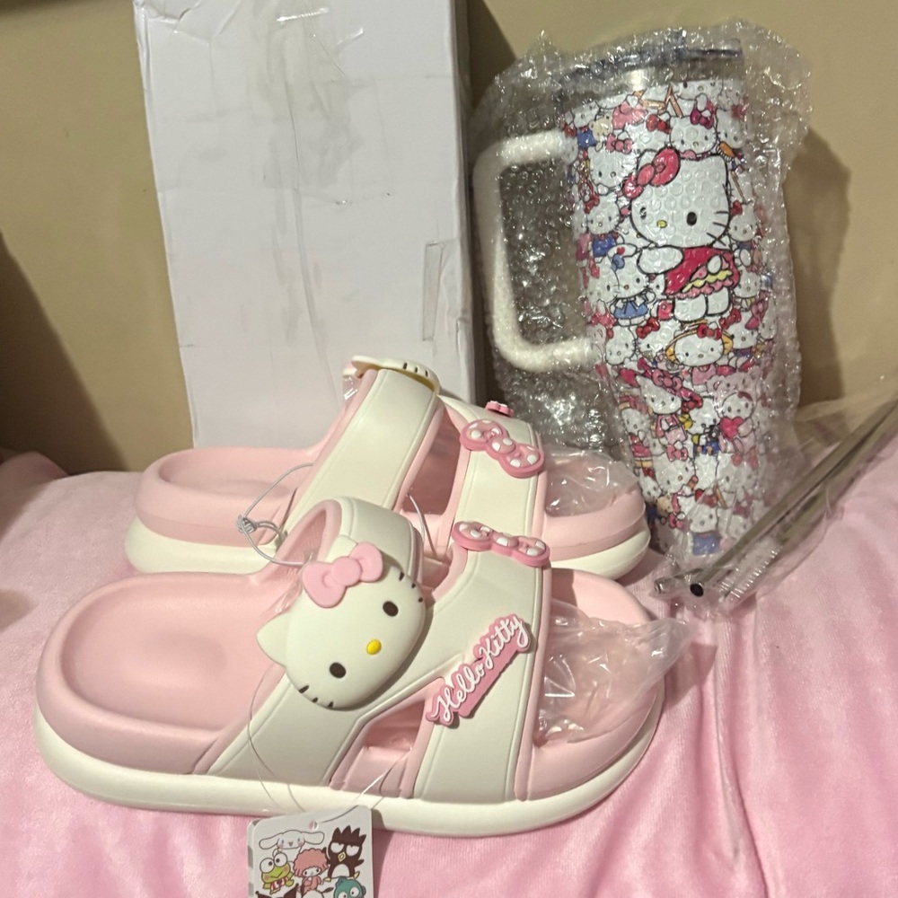 Hello Kitty Pink Eva slides and 40oz stainless steel tumbler bundle New